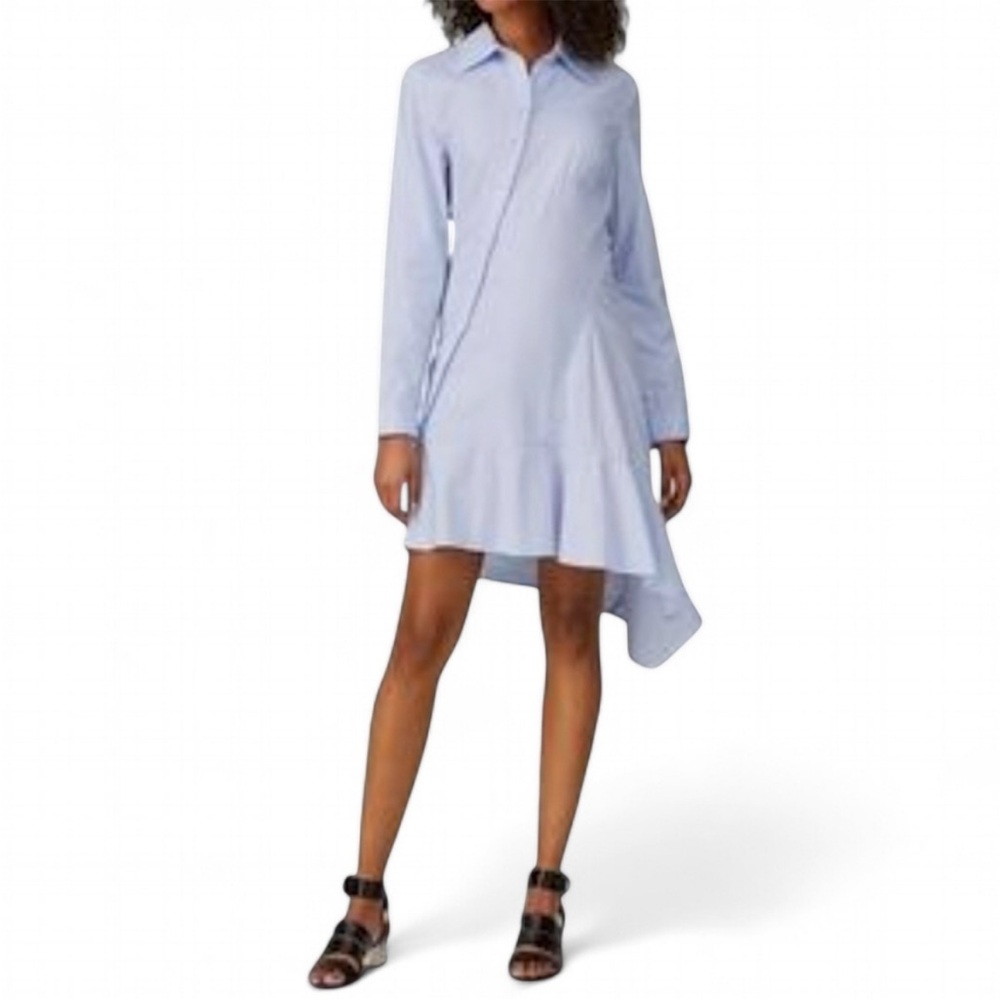 Asymmetrical Light Blue Shirt Dress with Flared Hem